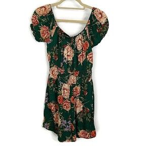 American Eagle Womens sz XS Romper Green Floral Off The Shoulder Puff Short Slv